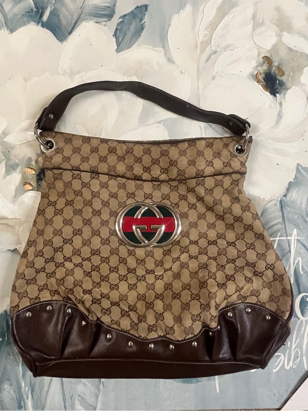 Gucci Beige GG Canvas Hobo with Brown Leather and Red-Green Web Accent